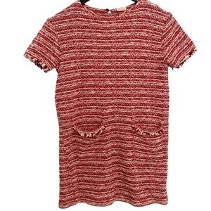 Zara Girls Red White Shortsleeved Tweed Woven Cotton Blend Dress Girls 11/12